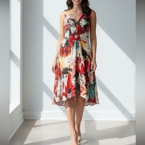 Joseph Ribkoff  vintage Midi Belted Dress  Multicolored  V-Neck sleeveless S